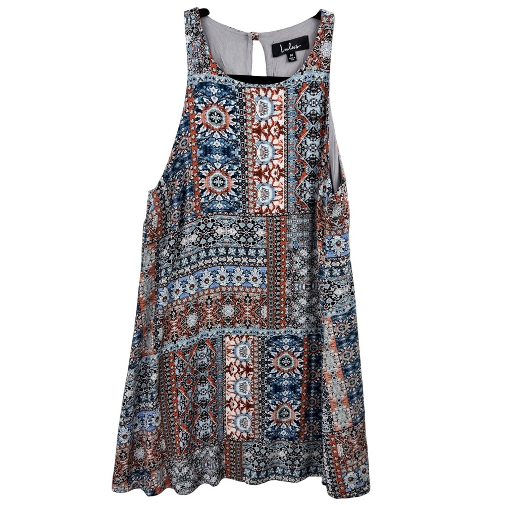 Lulus Dress Mini Womens Medium Blue Orange Tile Patchwork Boho Sleeveless - Picture 2 of 11